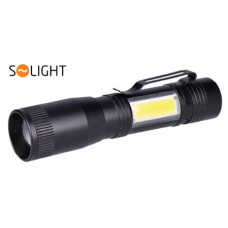 Solight LED metāla lukturītis 3W + COB, 150 + 60lm, AA, melns