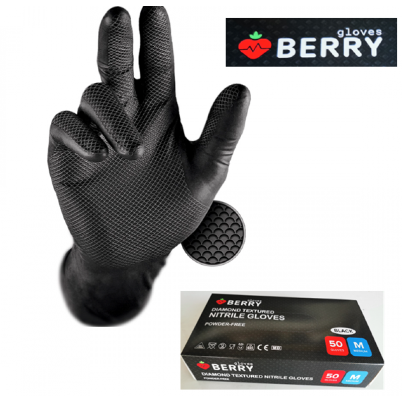 Nitrila cimdi BERRY DIAMOND TEXTURED NITRILE GLOVES 50gb/box  M.izmērs