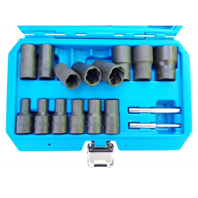 Īpašs galviņu komplekts / skrūvju  EXTRAKTORI 12,5 mm (1/2 collas) | 8–27 mm  16 vienības