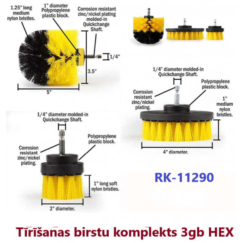 Tīrīšanas birstu komplekts 3gab HEX
