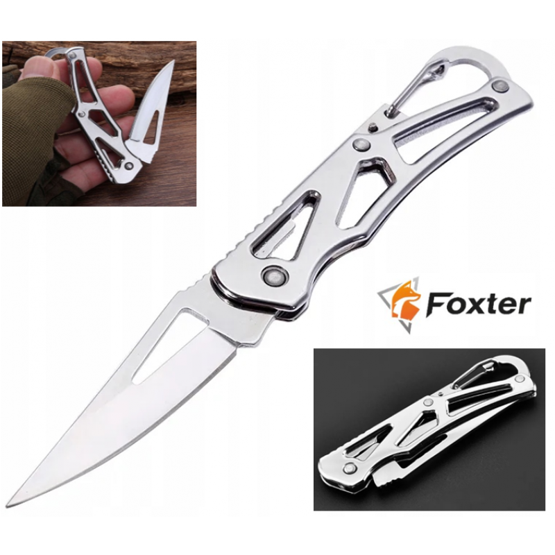 Saliekams kabatas nazis, hromēts, viegls, ar tūristu karabīni,  INOX  14 cm  FOXTER