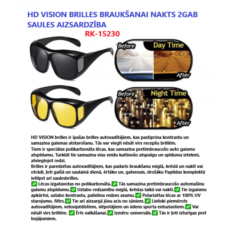 HD VISION brilles braukšanai naktī un saulainā laikā 2gb komplekts