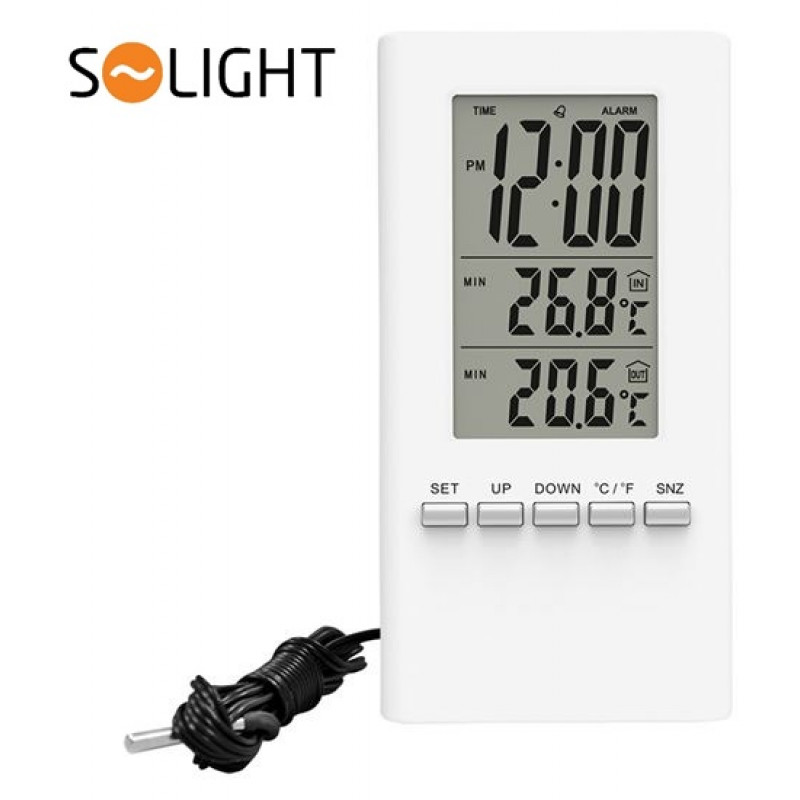 Solight termometrs, temperatūra, liels displejs, laiks, modinātājs, vadu sensors, pīts